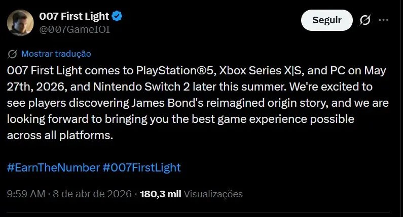 007 First Light no Nintendo Switch 2 é adiado e fica sem data de lançamento